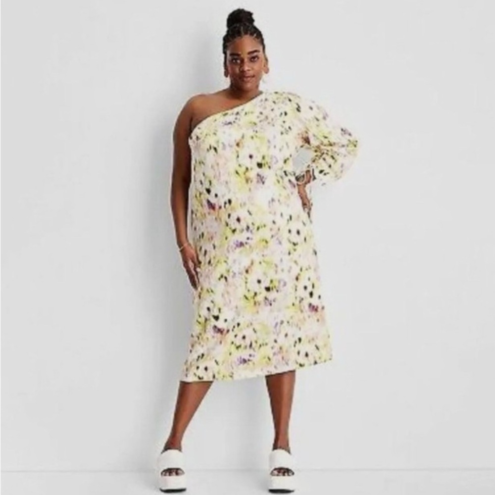 Yellow and Pink Asymmetrical Ruffled One Shoulder Dress